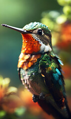 Fototapeta premium a hummingbird-like bird perched on a branch next to the flowers.