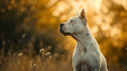 Dogo argentino, beautiful white dog breed outdoors in nature photography