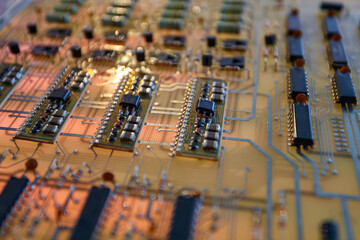 Close-up of microprocessor technology. The internal structure of the computer and control systems