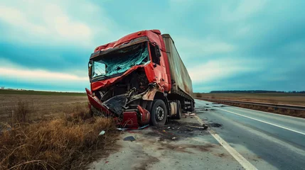  Broken red cargo truck on the road, damaged bumper on a vehicle on the empty highway or freeway. Dangerous collision, hit at high speed, transportation incident for a trucker profession or job © Nemanja