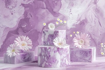 Pastel purple marble display with white flower for product background