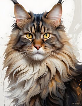 An artistically rendered portrait of a Maine Coon cat with striking amber eyes and luxurious fur. The detailed illustration captures the breed's distinguished facial features and elegant mane. AI