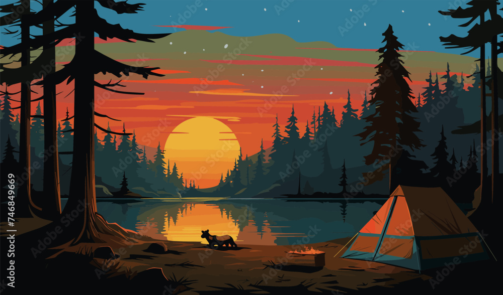 Wall mural forest landscape camping dog trees lake sunset fall nature inspired vector illustration - Wall murals