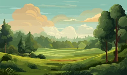 Gordijnen Forrest landscape with grass, nature inspired eco vector illustration © Viacheslav