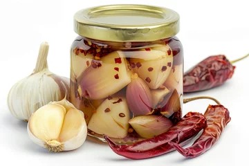 Foto auf Acrylglas Preserved garlic cloves with chili pepper vegetables spices in oil and vinegar on white background © VolumeThings