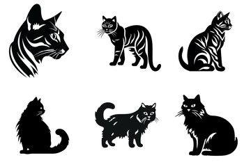 set of cats black and white  vector illustration isolated transparent background logo, cut out or cutout t-shirt print design