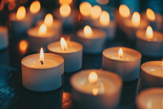 Prayerful concept church candles burning against darkness