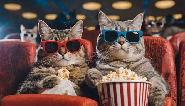 Cats in 3d glasses is eating popcorn and watching a movie in the cinema. 