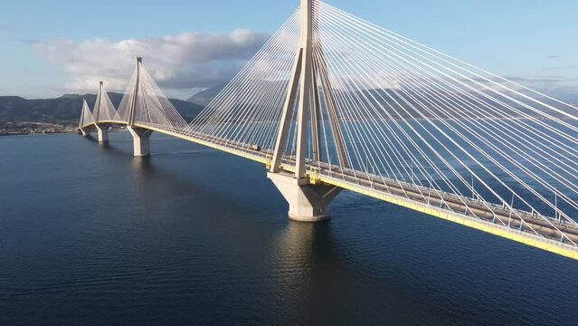 Aerial video of Rio-Antirio Bridge, officially Charilaos Trikoupis Bridge, Greece
