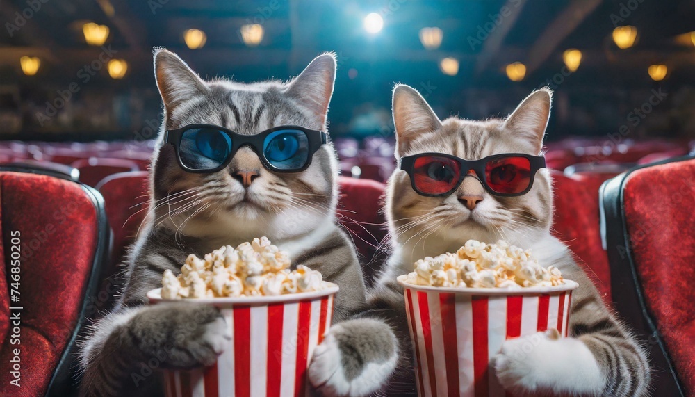 Wall mural Cats in 3d glasses is eating popcorn and watching a movie in the cinema