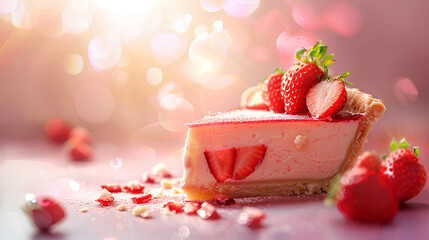 Delicious slice of strawberry cream pie on a blurred background.