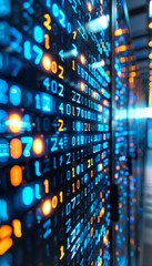 Obraz premium Digital data stream on pixelated interface with binary code and encryption concept, glowing dots