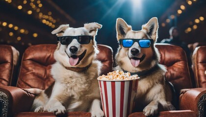 Pets in 3d glasses is eating popcorn and watching a movie in the cinema. - obrazy, fototapety, plakaty