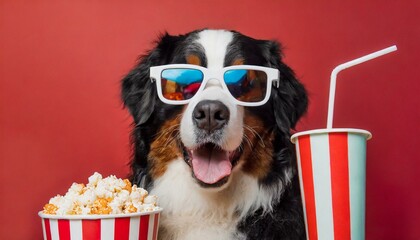 Funny bernese mountain dog movie lover with 3d glasses, popcorn and soda. Red background. - obrazy, fototapety, plakaty
