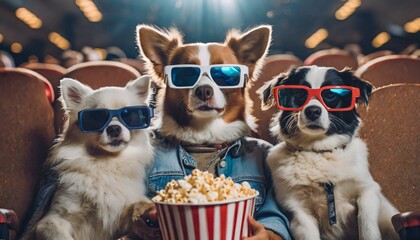 Pets in 3d glasses is eating popcorn and watching a movie in the cinema - obrazy, fototapety, plakaty