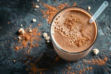 Protein packed shake with chocolate and glass straw