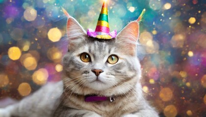Cute cat with rainbow unicorn horn on blurred sparkling background