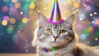 Cute cat with rainbow unicorn horn on blurred sparkling background