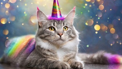 Cute cat with rainbow unicorn horn on blurred sparkling background