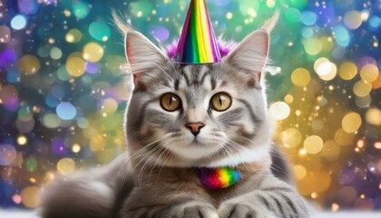 Cute cat with rainbow unicorn horn on blurred sparkling background