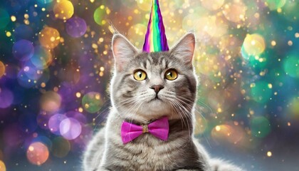 Cute cat with rainbow unicorn horn on blurred sparkling background