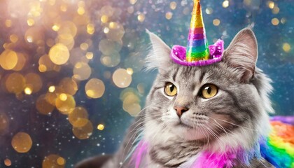 Cute cat with rainbow unicorn horn on blurred sparkling background