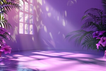 Fototapeta na wymiar Purple studio backdrop for product presentation Empty room with window and floral shadows 3D room with space Summer concert Blurred backdrop