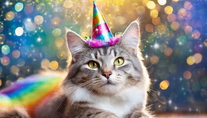 Cute cat with rainbow unicorn horn on blurred sparkling background