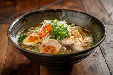 Ramen soup from Japan with chicken egg chives sprout on dark wood backdrop