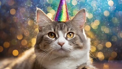 Cute cat with rainbow unicorn horn on blurred sparkling background