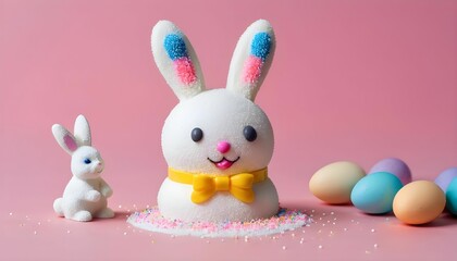 Fototapeta premium Cake decorated with sugar sprinkles near Easter bunny toy generative ai .