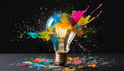 Creative light bulb explodes with colorful paint splashes and shards of glass on a black background. Think differently creative idea concept. Dry paint splatter. Brainstorm and think  - obrazy, fototapety, plakaty