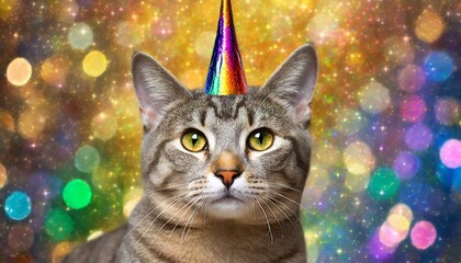 Cute cat with rainbow unicorn horn on blurred sparkling background