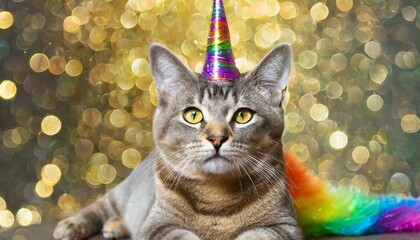 Cute cat with rainbow unicorn horn on blurred sparkling background