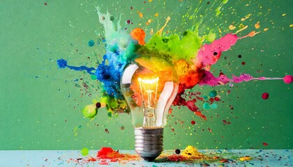 Creative concept light bulb explodes with colorful water colors on a light green background. Think different, creative idea. Productivity and creativity  - obrazy, fototapety, plakaty