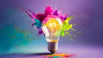 Creative concept light bulb explodes with colorful water colors on a light purple background. Think different, creative idea. Productivity and creativity  - obrazy, fototapety, plakaty