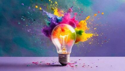  Creative concept light bulb explodes with colorful water colors on a light purple background. Think different, creative idea. Productivity and creativity