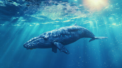 Fototapeta premium Craft a visual narrative set in a cinematically styled deep blue sea. Envision a colossal blue whale gliding through the water, illuminated by sunbeams that penetrate the ocean's surface