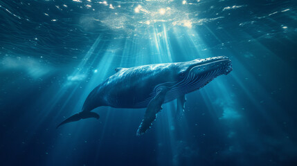 Naklejka premium Craft a visual narrative set in a cinematically styled deep blue sea. Envision a colossal blue whale gliding through the water, illuminated by sunbeams that penetrate the ocean's surface