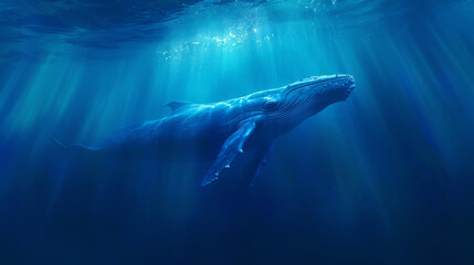 Fototapeta premium Craft a visual narrative set in a cinematically styled deep blue sea. Envision a colossal blue whale gliding through the water, illuminated by sunbeams that penetrate the ocean's surface