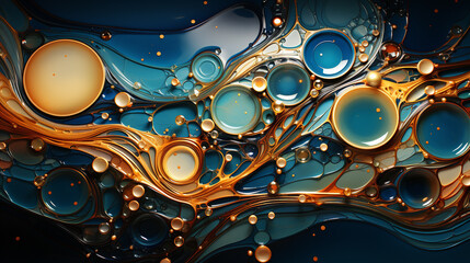 liquid acid texture, bubble, fluid, blue, gold, glossy, Colorful oil drops and swirls on a background.