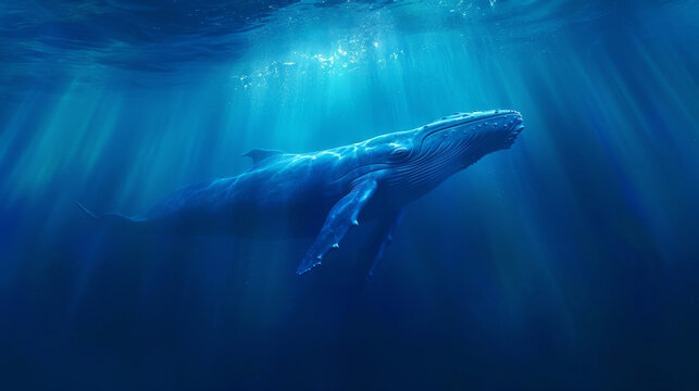 Craft a visual narrative set in a cinematically styled deep blue sea. Envision a colossal blue whale gliding through the water, illuminated by sunbeams that penetrate the ocean's surface