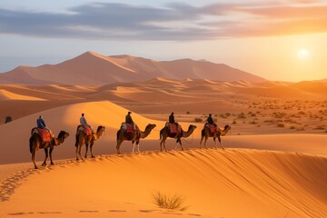 Fototapeta na wymiar Camelcade on sand dune at desert