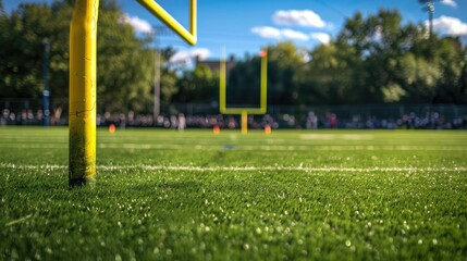 American football arena with yellow goal post, grass field and blurred fans at playground view.