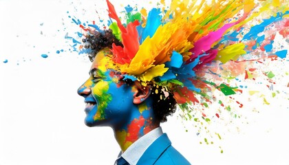 Colorful painted explosion in head. Concept of creative mind and imagination. Silhouette of human hand with colored fragments 