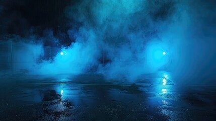 Fototapeta premium Dark empty scene, blue neon searchlight light, wet asphalt, smoke, night view, rays.