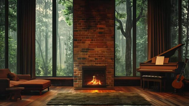 luxury cozy cabin in the woods, interior with relaxing fireplace, perfect for ambience and relaxing meditation videos