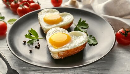 Fototapeta premium Heart-shaped fried eggs on plate