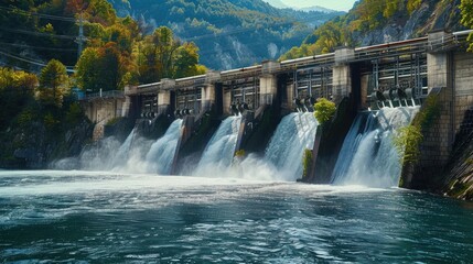 Hydroelectric power energy plant with turbines and water spills for generating green electricity. Free
