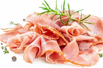 Sliced ham and boiled sausage on white background